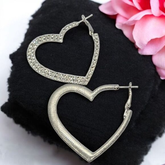 Silver Rhinestone Heart Hoop Earrings Studded Pierced Women's Jewelry Leverback - Picture 3 of 9